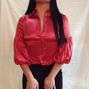SOLD - BEBE RED SILK BELTED BLOUSE